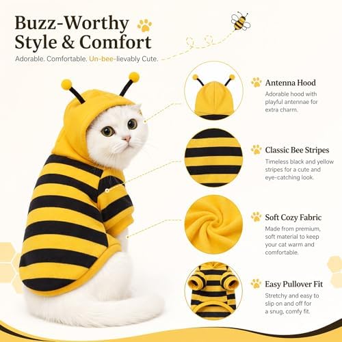 Cute Cat Bee Costume - Pet Halloween Apparel Bumble Bee Cosplay Clothes Antennae, Soft Warm Fleece Hoodie for Cats, Kittens, and Small Dogs, Perfect for Festival Party and Photo Shoot S/M (Medium) - Image 2