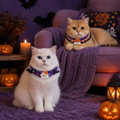 4 Pcs Halloween Cats Dogs Pets Crochets Handmade Collars Soft Wool Neck Collars Knitted Costume Photo Shoot Props Bibs for Multiple Family Matching Set (Cute Ghosts) - Image 5