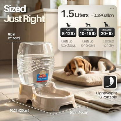 Flexzion Gravity Pet Water Dispenser for Cats & Small Dogs, 3/8 Gal, Beige