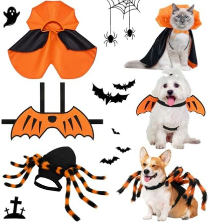 3 Pcs Halloween Costume for Dog Cat, Spider Bat Wings Cape, Orange, S by Sunnymove
