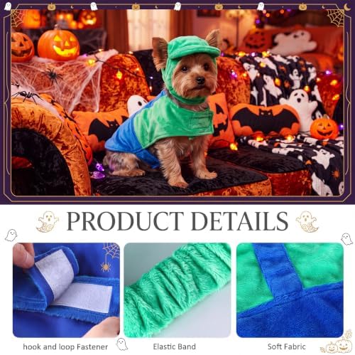 Newcotte Dog Halloween Costume Set Funny Green Overalls Outfit with Hat Retro Buddy Themed Dog Clothes for Cosplay Party(Small) - Image 2