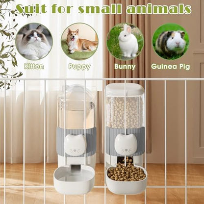 34oz Hanging Automatic Cat Food and Water Dispenser, 1L Auto Gravity Pet Feeder Set, Cage Cat Dog Feeder for Kitten Puppy Bunny Guinea Pig (Gray)