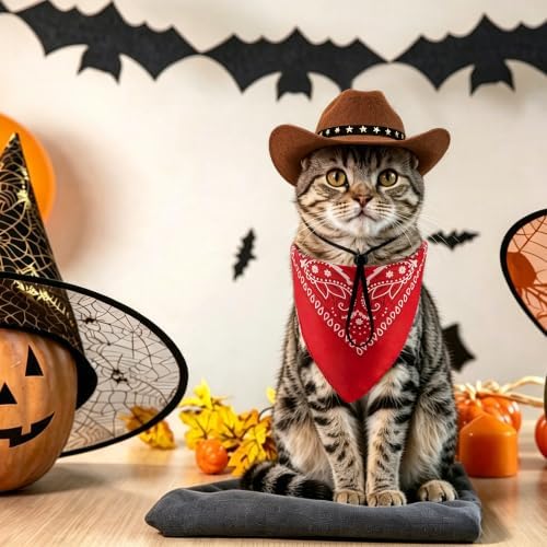 Halloween Pet Cowboy Costume Accessories Set Dog Cat Cowboy Hat with Bandana Scarf Pet Dogs Cats Size Western Costume Accessories for Cute Puppy Kitten Holiday Wearing West Cosplay Party Outfit - Image 5