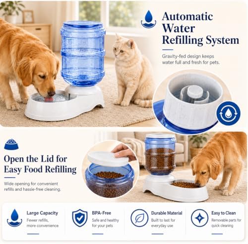 Automatic Dog Feeder and Water Dispenser Set for Large Dogs, 3 Gallon Gravity Dog Cat Food and Water Dispenser Set with Pet Food Bowl,Large Pet Food Water Dispenser Station