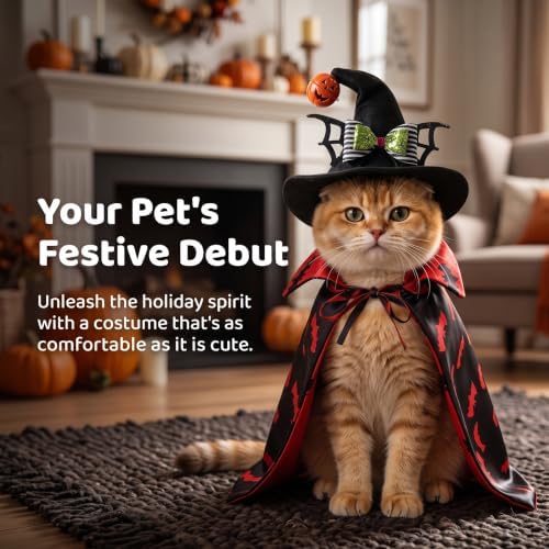 Halloween Pet Costume Set, Vampire Bat Cape with Witch Hat, Adjustable Pet Halloween Outfit for Small Medium Dogs Cats, Pet Cosplay Costume for Halloween Party Photo Props - Image 6