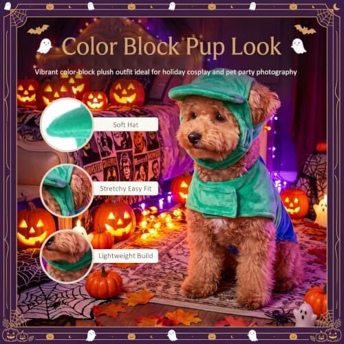 Newcotte Dog Halloween Costume Set Funny Green Overalls Outfit with Hat Retro Buddy Themed Dog Clothes for Cosplay Party(Small) - Image 3