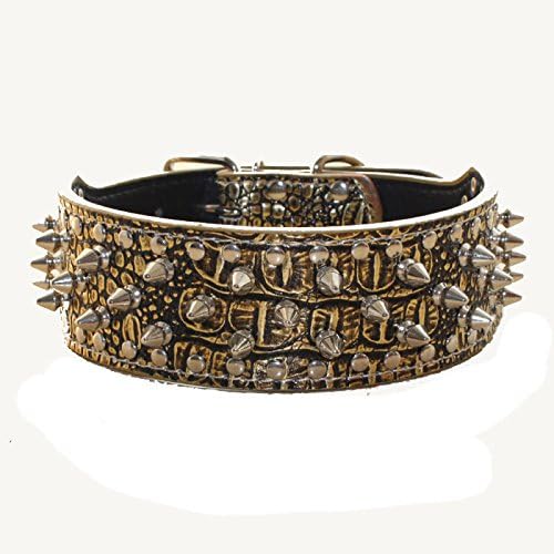 Serijoars Spiked Studded Dog Collar, PU Leather Dog Collar, Adjustable Pet Collars for Medium or Large Breed Pet (M, Gold Brown)