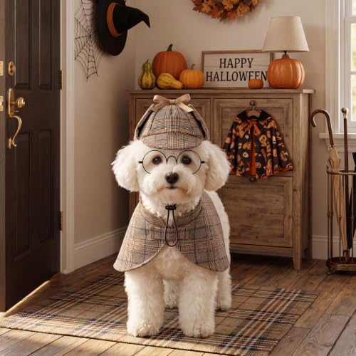 Ishua Dog Costume Set Detective Cloak Hat and Glasses for Small Dog and Cat - Image 5