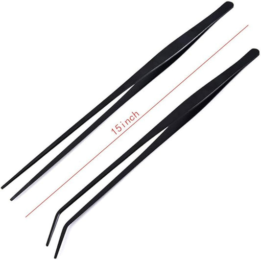 2 Pack Aquarium Forceps, 15 inch Long Handle Aquarium Tweezers Stainless Steel Straight and Curved Tweezers Set for Fish Tank Aquatic Plants Long Handle Reptile Feeding Tongs, Black