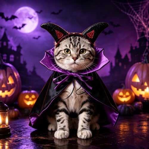 Halloween Pet Devil Costume Set for Dogs & Cats, Vampire Cape with Devil Horn Headband, Adjustable Pet Halloween Costume for Halloween Party, Photo Props (Black & Purple M) by Bekecidi