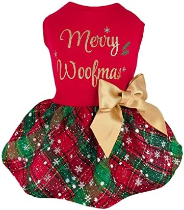 Fitwarm Merry Woofmas 100% Cotton Dog Christmas Outfits Girl Dog Holiday Dress Lightweight Doggie Costume Puppy Clothes Pet Apparel with Bowknot Cat Clothing Red Medium by Fitwarm