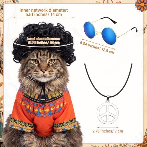 Kinlop 4 Pcs Hippie Dog Costume Halloween Pet Costume Accessories Includes 60s 70s African Dashiki T-Shirt Afro Wig Peace Sign Necklace and Sunglasses for Party Dress Up(S) - Image 3