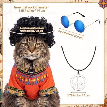 Kinlop 4 Pcs Hippie Dog Costume Halloween Pet Costume Accessories Includes 60s 70s African Dashiki T-Shirt Afro Wig Peace Sign Necklace and Sunglasses for Party Dress Up(S) - Image 3