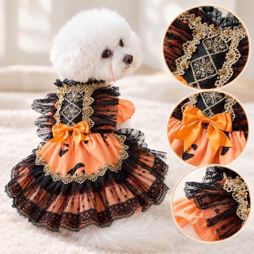 Halloween Dog Dress for Small Dogs Girl, Gothic Pumpkin Princess Puppy Costume with Orange Black Lace Mesh Skirt, Cute Halloween Pet Outfit for Photos(XXL) - Image 2