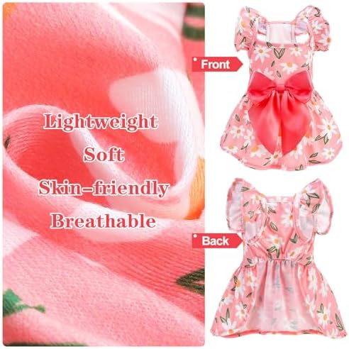 EXPAWLORER Dog Dress with Sleeve Ruffles, Floral Pet Dresses with Bow Tie for Small Meduim Dogs Puppy Cats Girl, Cute Princess Dog Dresses Skirt Clothes Outfits for Spring Summer, Pink S - Image 4