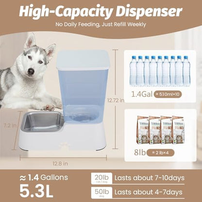 Automatic 5.4L/1.4Gal Pet Waterer, Automatic Dog Water Dispenser Gravity Stainless Steel Water Feeder, Large Capacity Feeding Bowls for Cats and Medium & Large-Sized Dogs (White, Food+Water)