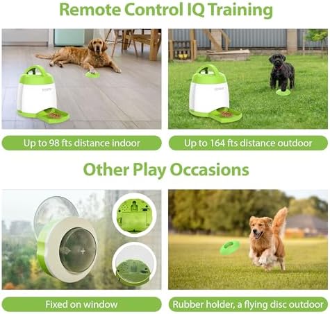 PETGEEK Dog Food Dispenser Toy, Interactive Pet Toys Treat Dispensing for IQ Training, Automatic Dog Treat Dispenser with Button Remote Push, Dual Power Supply for Indoor Outdoor Use, Green Color