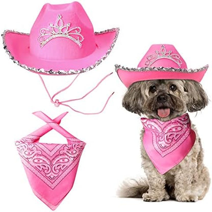 Yewong Pet Pink Cowboy Hat Costume Accessory Set Dog Cat Size Pink Cowgirl Princess Hat with Crown Tiara Bandana/Scarf for Cat Puppy Western Costume Daily Wearing Photo Props (Set A) by Yewong