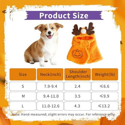 Dog Halloween Costumes Pumpkin Cloak with Antlers, Cute Pet Costumes for Small Dogs Cats, Soft Fluffy Dog Costume Cat Clothes for Halloween Party, Easy On/Off Puppy Outfit, M - Image 4