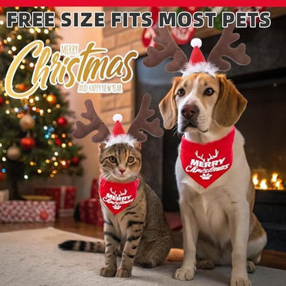 KOOLTAIL Christmas Dog Elk Reindeer Antler Headband with Santa Hat & Bandana Set, Dog Pet Christmas Costume Accessories Headwear Deer Cosplay for Small Medium Large Dogs Cats Puppy Holiday New Year - Image 5