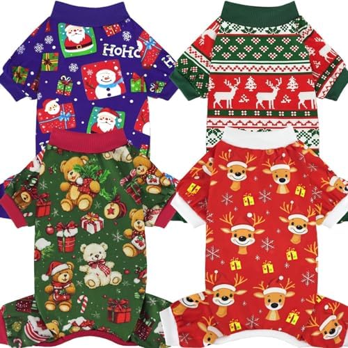 Xpudac 4 Pack Dog Christmas Pajamas Reindeer Puppy Clothes Cute Santa Claus Dog Pajamas Costumes Outfit Red Green Medium by XPUDAC