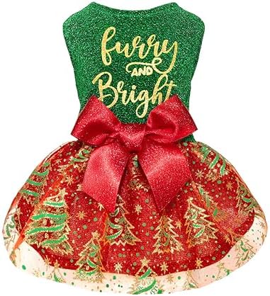 Fitwarm Furry and Bright Dog Christmas Outfit, Sparkly Pet Holiday Tulle Dress, Winter Clothes for Small Dogs - Girl, Christmas Tree Outfit - Red, Green, Golden, Medium by Fitwarm