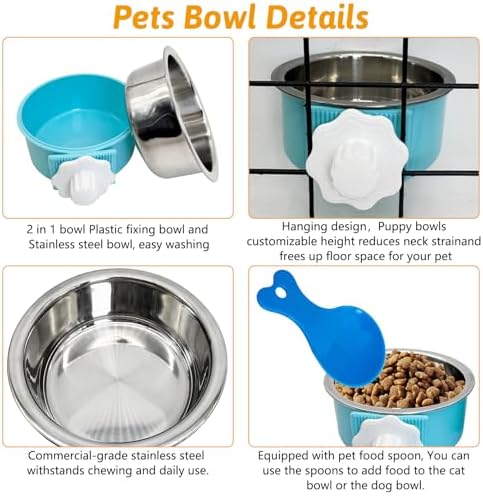 Hamiledyi Crate Dog Bowl Cat - Removable Stainless Steel Hanging No Spill Pet Bowl for Kennels Durable Detachable Design Fits Small Medium Dog Cages (2 Pcs, Blue