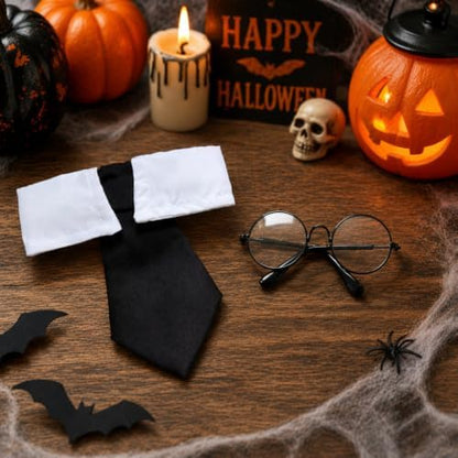 Small Dog Halloween Costumes - Adjustable Dog Cat Wizard Costume,Pet Hooded Cape Glasses Necktie Set,Puppy Kitten Halloween Costumes Boy Girl,Chihuahua Yorkie Clothes,Black Red Magician Cosplay Outfit - Image 4