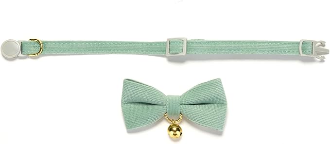2 Pack Soft Corduroy Cat Collars with Bow Tie & Bell Adjustable Breakaway Bowtie Kitten Collar for Girl Boy Kittens(Pink & Grass Green)