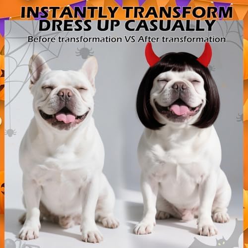 EXPAWLORER Funny Doggie Wig, 2 Pack Cosplay Dog Costume with Devil Hair Clip, Adjustable Headwear Dress Up Holiday Apparel for Party for Small Medium Large Dogs Puppies Cats(Brown Straight) - Image 2