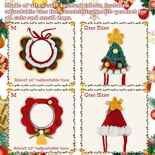 4 Pcs Christmas Knitted Dog Cat Adjustable Collars Hats Pet Costume Crochet Santa Hats Outfit Winter Puppy Kitten Beanie Holiday Party Dress Up Props Handmade Soft Wool Photo Shoot Props Xmas Gifts - Image 2