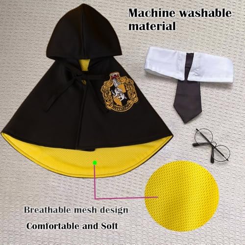 Dog Halloween Magician Costume Set, Cat Wizard Cloak with Hood, Tie & Glasses, Pet Cosplay Outfit for Halloween Party, Puppy Witch Costume for Small Dogs (Yellow, Medium) - Image 4