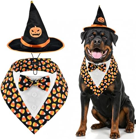 Halloween Candy Corn Dog Adjustable Tuxedo with Black Witch Hat Halloween Puppy Costume Set Halloween Carnival Theme Outfits for Cats Puppy Dog L by PetToysSupplies