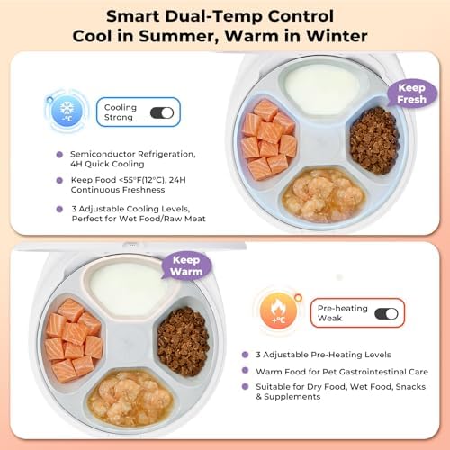 UBPET Smart Automatic Cat Feeder with Cooling & Heating, APP Control Dual-Temp Feeder for Wet/Dry/Raw Food, 24H Freshness, 4-Grid Tray, Anti-Pinch for Cats & Small Dogs (2-10kg)