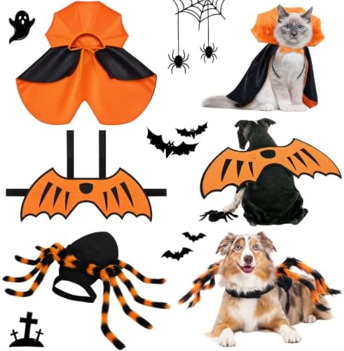 3 Pcs Halloween Costume for Dog Cat, Spider Bat Wings Cape, Orange, M by Sunnymove