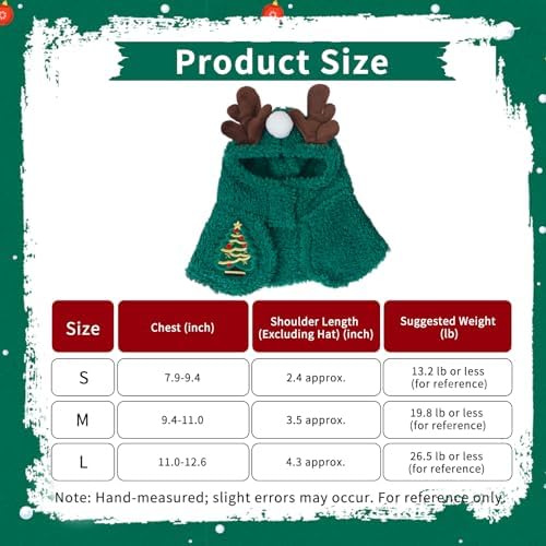 Dog Christmas Costumes Reindeer Hooded Cape, Cute Pet Costumes for Cats Dogs, Soft Fluffy Dog Costume Cat Clothes for Holiday Party and Photos, (Green/M) - Image 4