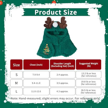 Dog Christmas Costumes Reindeer Hooded Cape, Cute Pet Costumes for Cats Dogs, Soft Fluffy Dog Costume Cat Clothes for Holiday Party and Photos, (Green/M) - Image 4