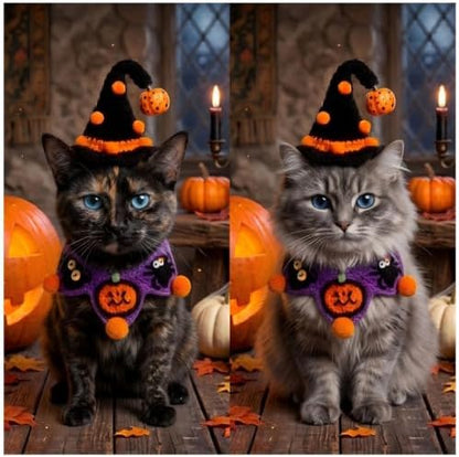 Halloween Dog Costume - Black Witch Hat & Halloween Outfit for Cats and Small Sized Dogs,Handmade Festive Halloween Pet Apparel with Pumpkin Design for Party & Photos - Image 2