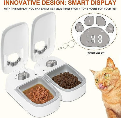 Automatic Pet Feeder for Cats and Dogs, 2 in 1 Upgraded-chip Timed Dry Pet Food Feeder with Display, 48 Hours Retain Freshness for Semi Wet Food, Healther Meal for All Home Pets.