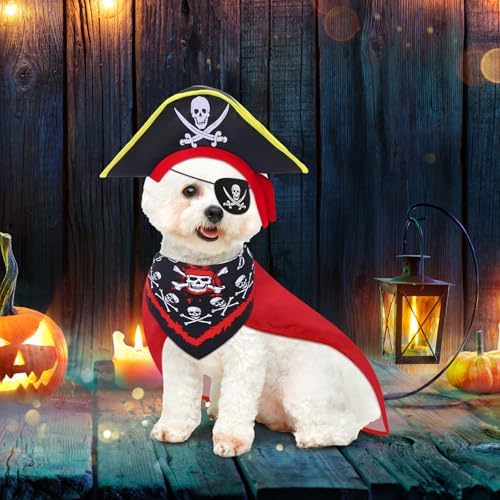 Huhumy 4 Pcs Dog Pirate Costume Hat Cape Bandana, Red, Medium - Image 4
