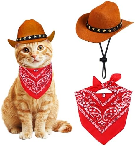 Pet Cowboy Costume, Cat Dog Halloween Costumes Halloween Pet Cat Dog Cowboy Hat with Bandana Scarf for Cats Small Dogs Pets (Brown, Small) by Unknown
