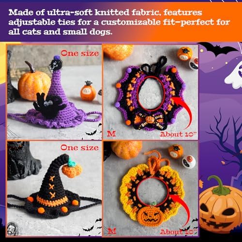 4 Pcs Halloween Cats Dogs Pets Crochets Handmade Collars Soft Wool Neck Collars with Hats Knitted Costume Photo Shoot Props Bibs for Multiple Family Matching Set (Pumpkin and Spider) - Image 4