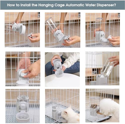 Hanging Cage Auto Small Pet Feeder Waterer Set for Puppy Cats, Grey