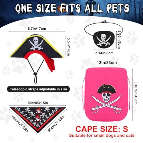 Huhumy 4 Pcs Dog Pirate Costume Hat Cape Bandana, Pink, Small - Image 2