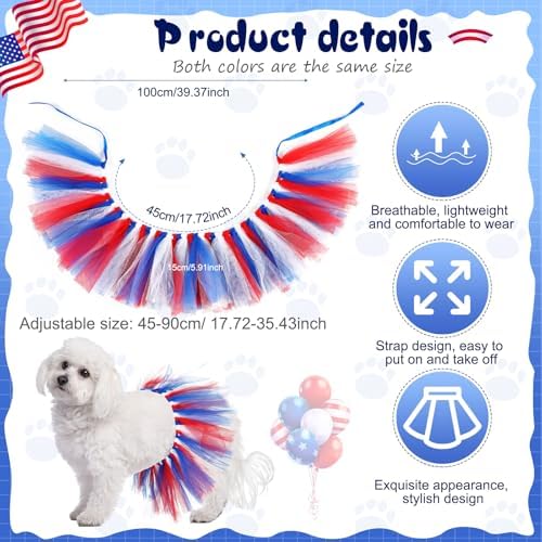Dog Tutu for Dogs Tulle Skirt Pet Costume, Red White and Blue - Image 2