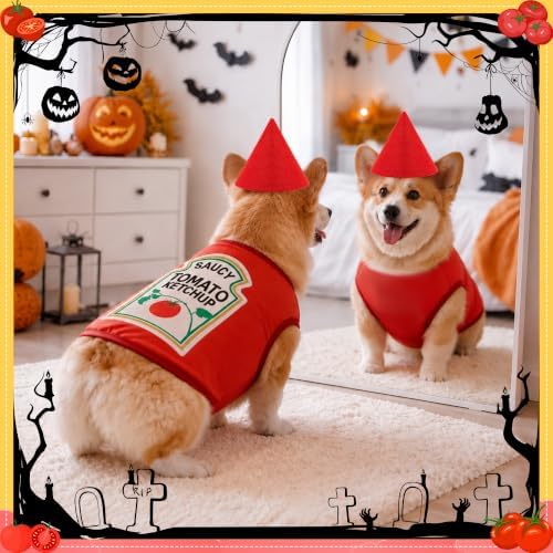 2 Pcs Halloween Dog Costume Set 4XL Tomato Ketchup Themed Pet Outfit with Matching Cone Hat Sleeveless Printed Tank Top for Medium Large Dogs Holiday Party Dress Up - Image 7
