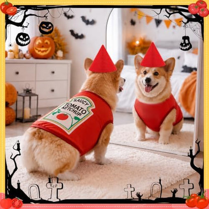 2 Pcs Halloween Dog Costume Set 2XL Tomato Ketchup Themed Pet Outfit with Matching Cone Hat Sleeveless Printed Tank Top for Medium Large Dogs Holiday Party Dress Up - Image 7