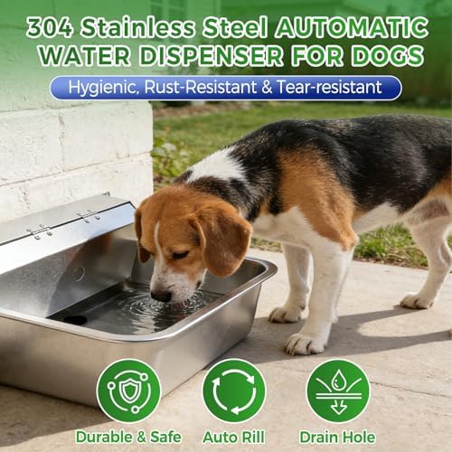 Automatic Dog Water Dispenser with Drain Hole, 304 Stainless Steel Auto Water Dog Bowl with Float Valve, Hose Quick Connect Fitting, Automatic Livestock Waterer for Horse, Chicken (4 Gallons)