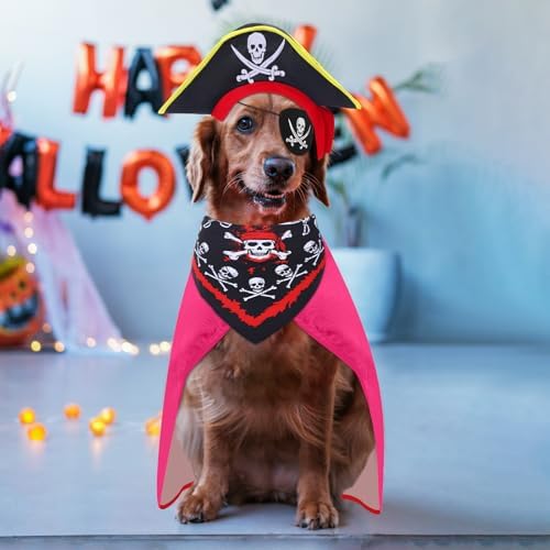 Huhumy 4 Pcs Dog Pirate Costume Hat Cape Bandana, Pink, Small - Image 4