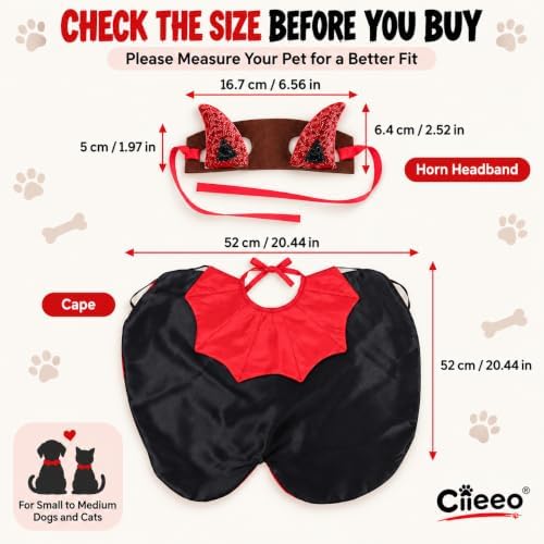 2 Piece Dog Cat Halloween Costume, Vampire Devil Cape Cloak with Horn Headband, Red Black Pet Costume for Small Medium Dogs Cats, Halloween Cosplay Party Dress Up Accessories - Image 3